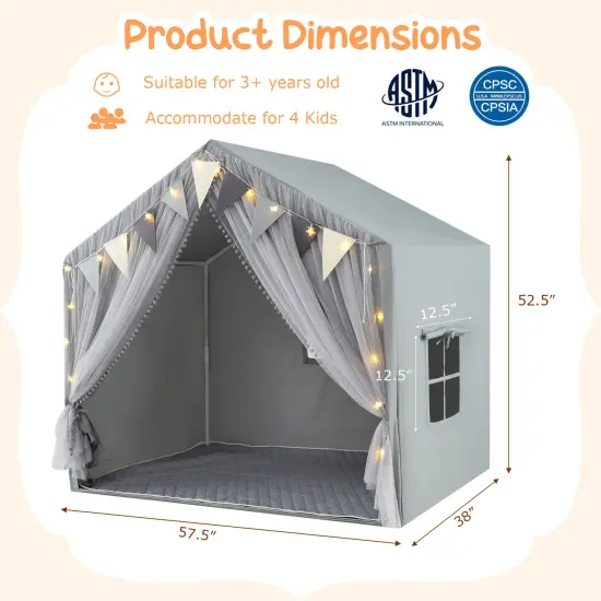 Fabric Large Toddler Playhouse Tent with Door, Curtains, and Windows Grey {5}
