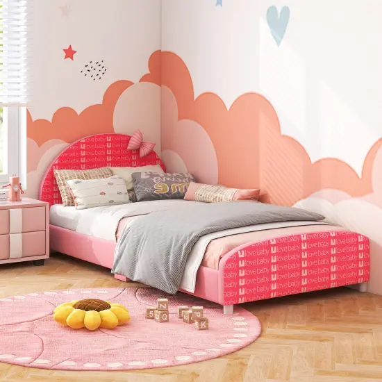 Wood Upholstered Kids Twin Bed Platform with Slat Support Pink {2}