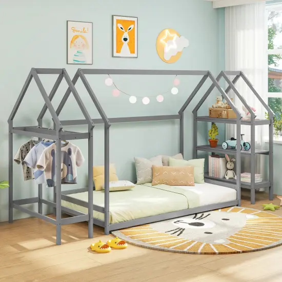 Twin Size Montessori Floor House Bed with Detachable Storage Shelves Grey {6}