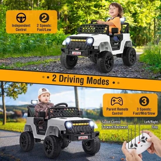 12V Ride-On Truck Car for Kids with Parental Remote, Music Player, and LED Lights White {5}