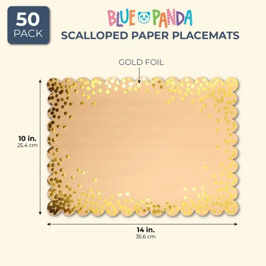 50 Pack Disposable Gold Paper Placemats - Scalloped Kraft Paper Tablemats with Gold Foil Polka Dots for Wedding, Birthday, Special Events (10x14 Inch) {5}