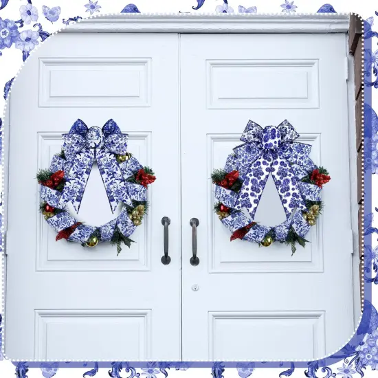 6 Rolls Christmas Chinoiserie Ribbon White and Blue Wired Edge Floral Ribbon Butterfly Flower Pattern Fabric Craft Wreath Bow Wrapping 2.52 Inches by 5 Yards {4}