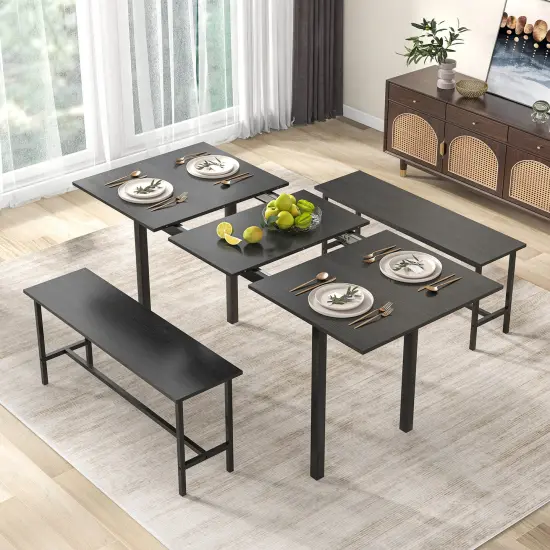 Modern Wooden 3 Piece Dining Table Set for 4-6 with 2 Benches &ndash; Sturdy, Space-Saving Design Black {3}