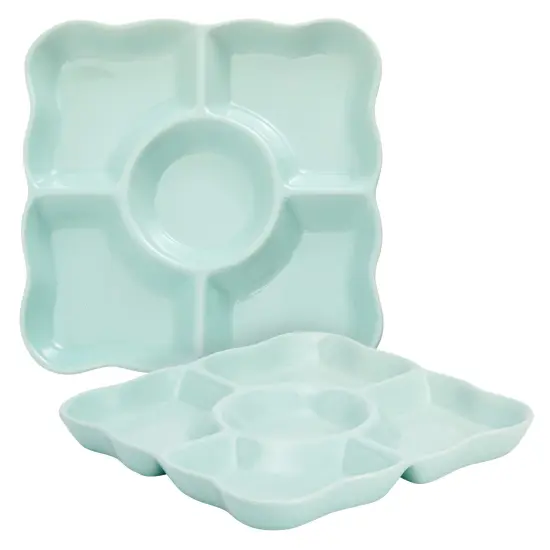 2 Pack Porcelain Divided Serving Tray for Appetizers, 5 Compartments (Light Blue, 9.5 In) {6}