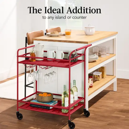 Best Choice Products 2-Tier Rolling Bar Cart Indoor/Outdoor w/ Storage Shelves, Wine Rack, Lockable Wheels Red {6}