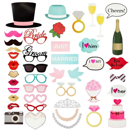 72 Pieces Wedding Photo Booth Props for Bridal Shower, Bachelorette Party, Photobooth Selfies, with Sticks and Stickers Multicolor {5}