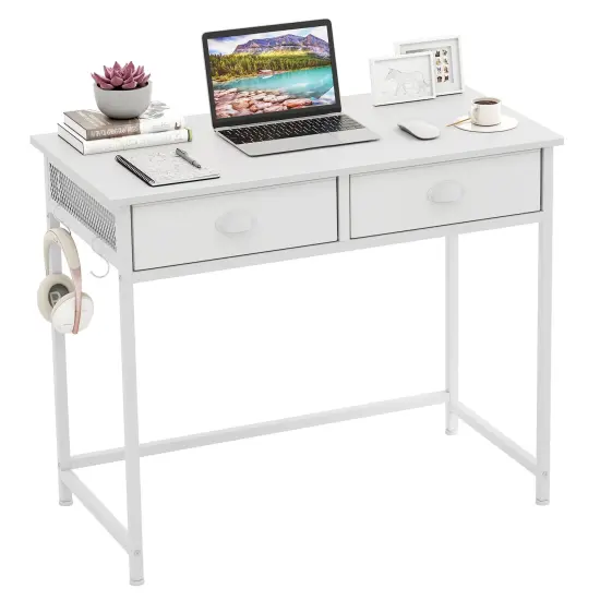 Space Saving Home Office Desk with 2 Fabric Drawers and 4 Hanging Hooks White {4}