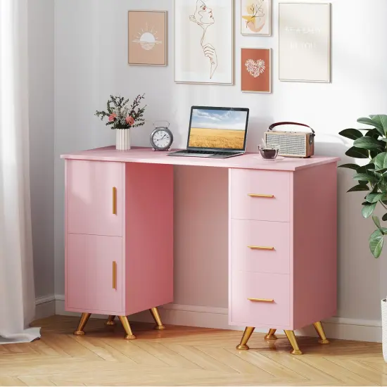 Wooden Manicure Table Nail Desk with Drawers Wrist Rest Pink {2}