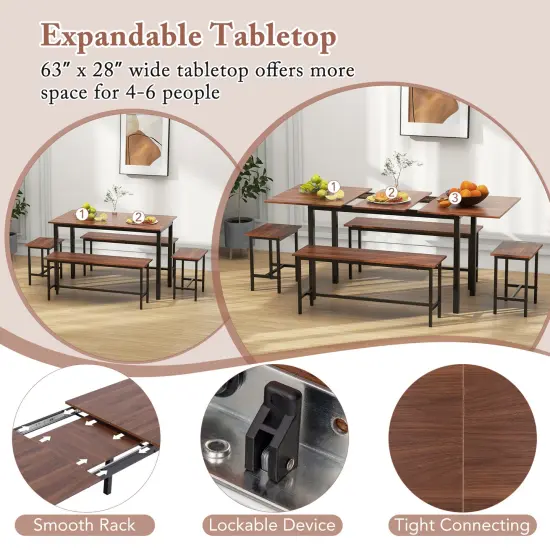 5 Piece Dining Table Set for 4-6, Includes 2 Benches & 2 Stools, Ideal for Kitchen & Dining Room Walnut {5}