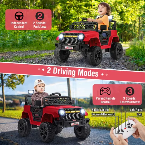 12V Ride-On Truck Car for Kids with Parental Remote, Music Player, and LED Lights Red {5}