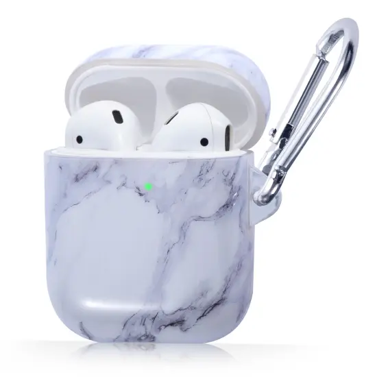 Marble Case for Airpods 2 & 1, Glossy Soft TPU Protective Smooth Cover with Portable Keychain, Supports Wireless Charging, Shockproof & Anti-Scratch, Shinny White Marble by Insten {1}