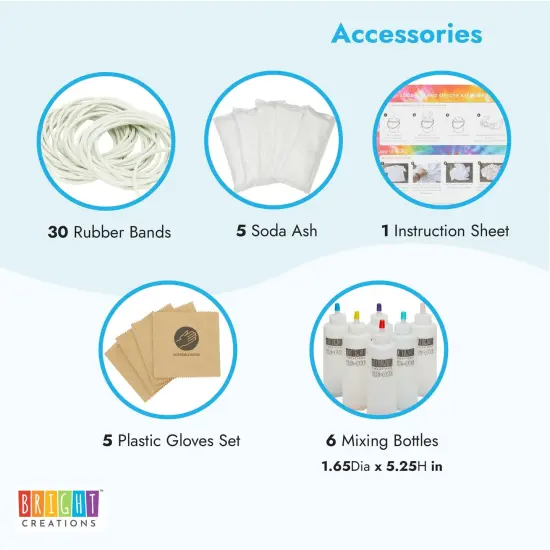 Soda Ash Tie Dye Kit with 6 Colors, Rubber Bands, Gloves, Mixing Bottles (53 Piece Set) Multicolor {5}