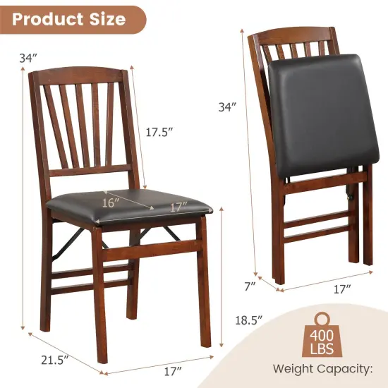 Set of 2 Folding Chairs with Padded Seat and Rubber Wood Frame-Brown {4}