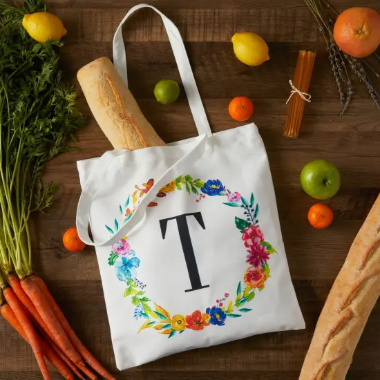 Set of 2 Reusable Monogram Letter T Personalized Canvas Tote Bags for Women, Floral Design (29 Inches) White {2}