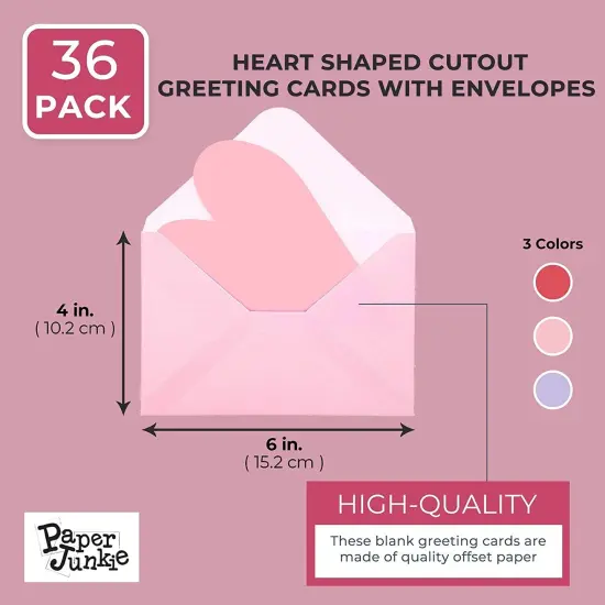 Paper Junkie 36 Pack Cute Heart-Shaped Cutout Valentine's Cards with Envelope, 4x6 Kids Blank Notecards for Classroom Exchange Gift (Red, Pink, Purple) Multicolor {2}