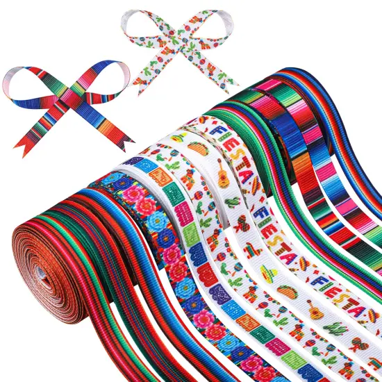 12 Rolls Fiesta Ribbon 3/8 Inch Mexican Serape Grosgrain Ribbons Colorful Stripes Pinata Cactus Guitar Decorative Ribbon for Cinco De Mayo Fiesta Party Mexican Theme Party Events, 60 Yards {1}