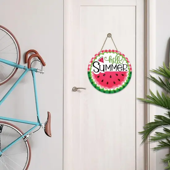 Hello Summer Watermelon Sign for Front Door, Red Buffalo Plaid Check Green Stripes Wood Door Hanger Outdoor Outside Porch Decor, Seasonal Farmhouse Wooden Wreath Indoor Wall Hanging Decoration {4}