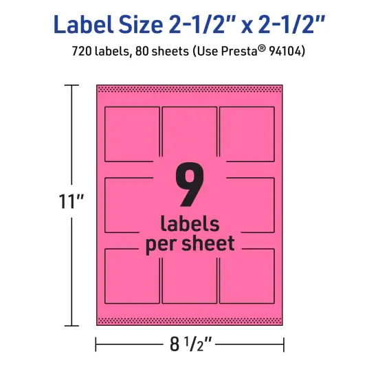 Avery Bright Pink Paper Labels, 2.5" x 2.5" Square {5}