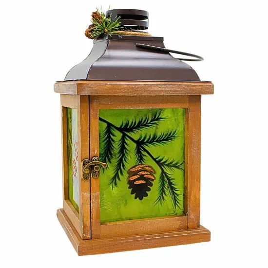Stony Creek 10.5 Inch Whispering Pines Pre-Lit Lantern Thanksgiving Lighted Glass Accent , Christmas Decor Pine Cones Greenery Multicolored {2}