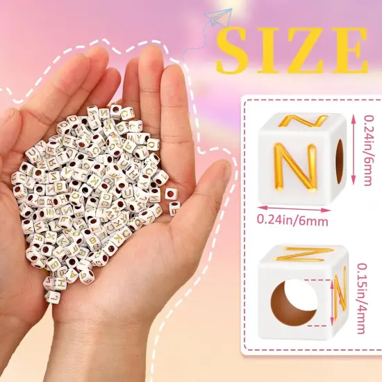1400pcs Square Acrylic Gold Alphabet Beads A-Z Cube Letters Beads for Bracelets Necklaces Phone Lanyard Making with 1 Roll Crystal String Cord for Jewelry Making(6 m {6}