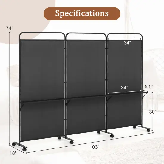 3-Panel Folding Room Divider with 3 Metal Shelves and Lockable Wheels Black {5}