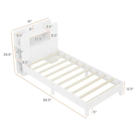 Wooden Twin Bed Frame with Bookcase Headboard Storage Shelves and Under-bed Space White {3}