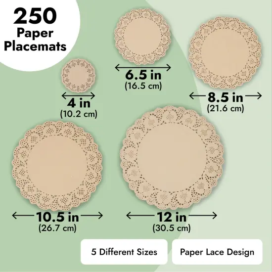 250 Pack Paper Doilies Assorted Sizes for Food & Cake, Round Decorative Disposable Placemats, Brown (4, 6.5, 8.5, 10.5, and 12 In) {4}
