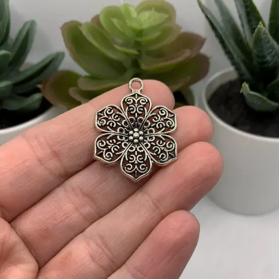 Silver Orante Flower Pendant Charms, 31x23mm {2}