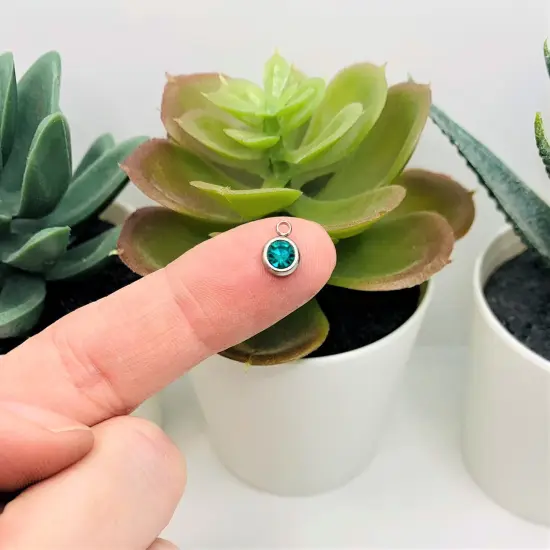 201 Stainless Steel, Aqua Blue December, Blue Zircon Birthstone Rhinestone Charms, 8x6mm {2}