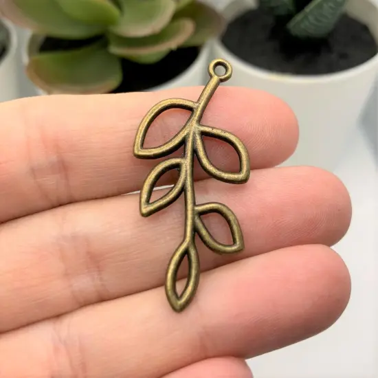 Bronze Tree Branch Charm, Leaf Connector, 42x19mm {2}