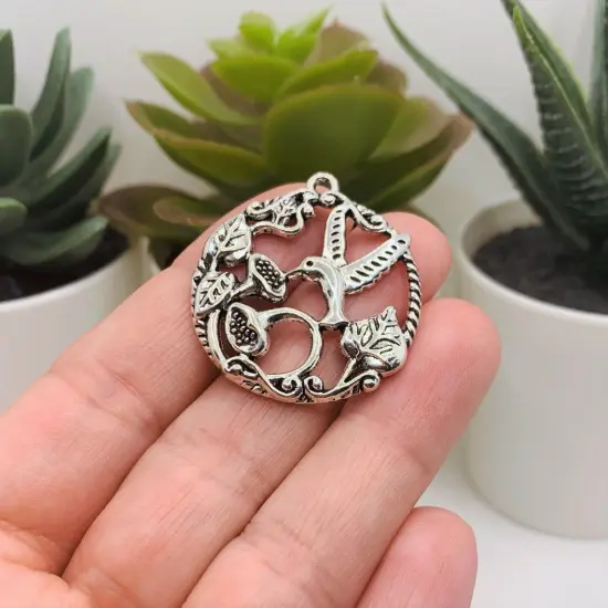 Silver Hummingbird Pendant Charms, 34x30mm {2}