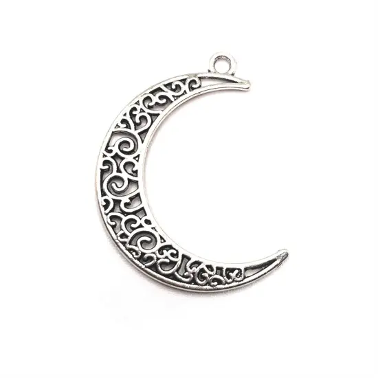 Antique Silver Crescent Scroll Moon Charms, 40x29mm {1}