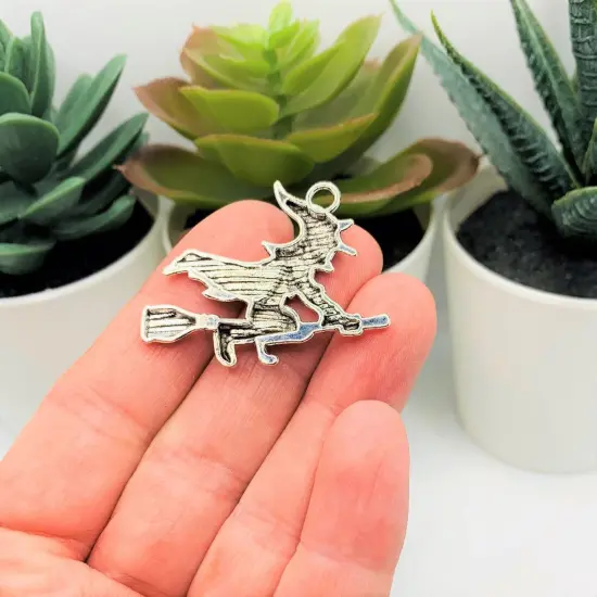 Silver Witch on Broom Halloween Charms, 30x37mm {3}