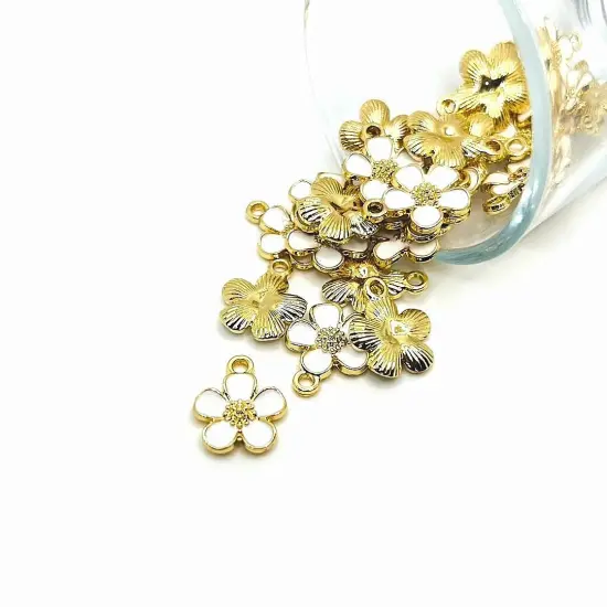 White and Gold Flower Charms, 16x13mm {1}