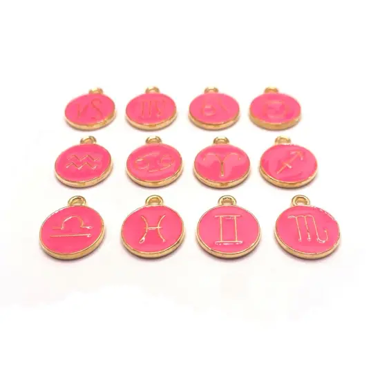 Bright Pink Enamel and Gold Zodiac/Astrology Charms, 15x12mm {1}