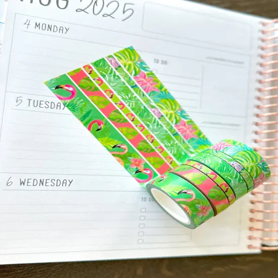 Tropical Flamingos Leaves Vacation Lush Green Pink Washi Tape Set August 2025 - W137 {3}
