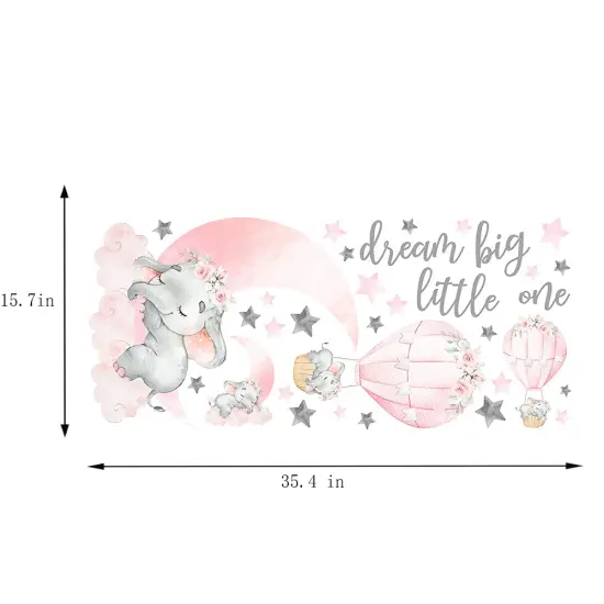 Dream Big Little One Elephant Wall Stickers, Pink Moon Hot Air Balloon Grey Stars Wall Decals for Nursery Kids Room Living Room Bedroom Decorations Home Decor {2}