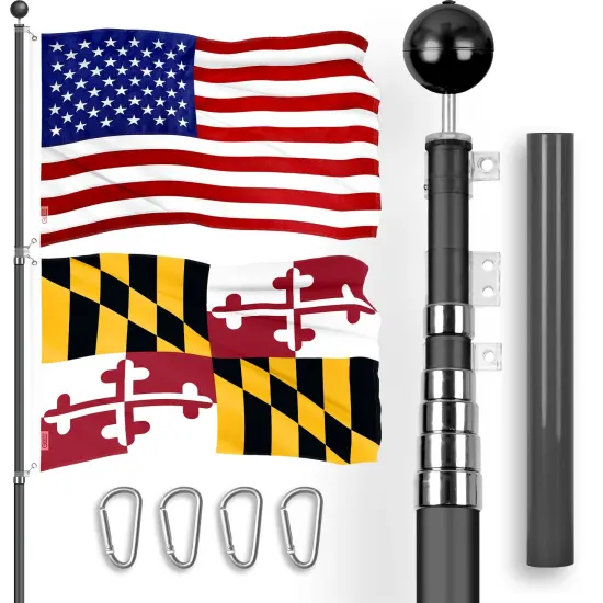 G128 Combo Pack: 20 Ft Telescoping Aluminum Flagpole (Black) & American and Maryland Flags 3x5 Ft, Both ToughWeave Series Embroidered Polyester | Pole with Flags Included {1}
