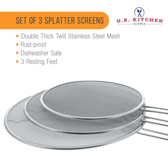 U.S. Kitchen Supply Set of 3 Stainless Steel Splatter Screen - 13", 11.5" & 9.5" Sizes - Fine Mesh Splatter Screen with Resting Feet Set, Grease Guard for Kitchen Pots and Pans {3}