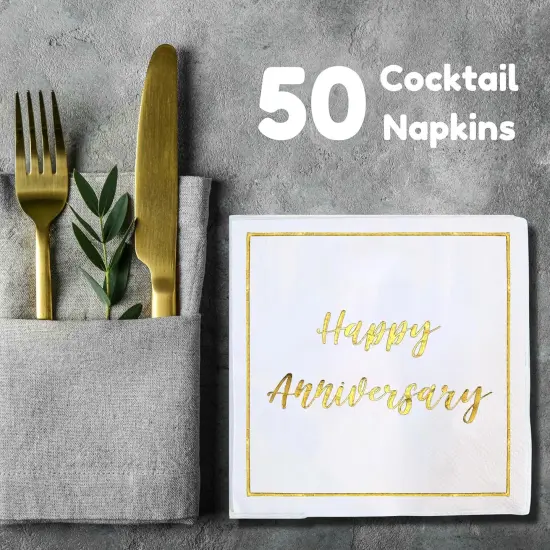 50 Pack Gold Foil Happy Anniversary Cocktail Napkins {5}