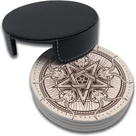 Satan Goat Skull Leather Coasters &ndash; Set of 6 with Holder for Coffee Table {5}