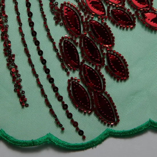 1 Yard Embroidered Tulle Lace Fabric with Sophisticated Pattern, 52&Prime; Wide Green/Red {1}