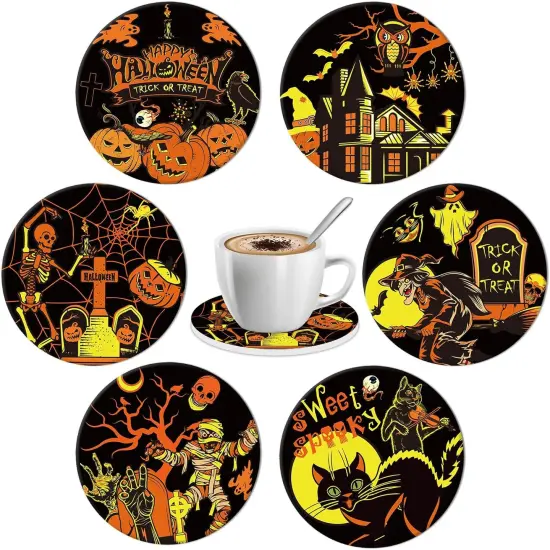 6Pcs Halloween Coasters Vintage Ceramic Coasters Pumpkin, 4.1 x 0.3 Inch {1}
