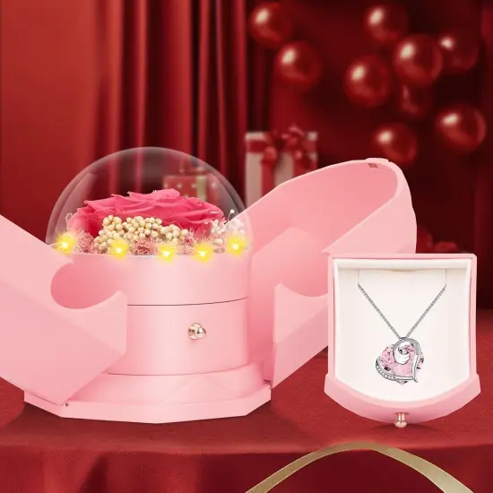 Preserved Real Pink Rose with Necklace Forever Flowers Rose Birthday Gifts {3}