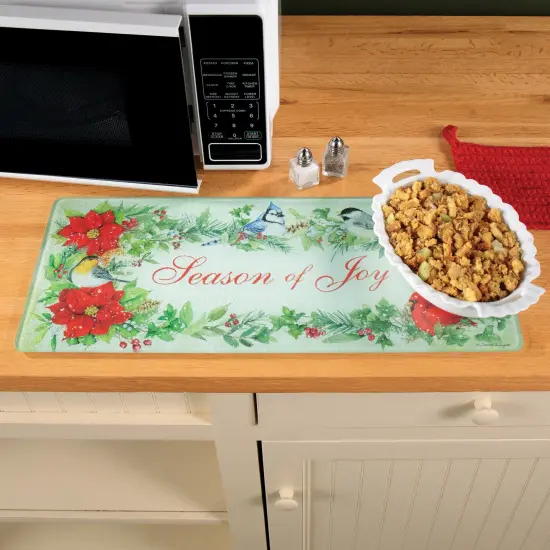 Collections Etc Season of Joy Poinsettia Birds Glass Cutting Board {4}