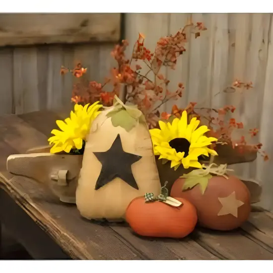 Cream Fabric Grungy Pumpkin with Star and Jute Burlap Accents Rustic Decor {3}