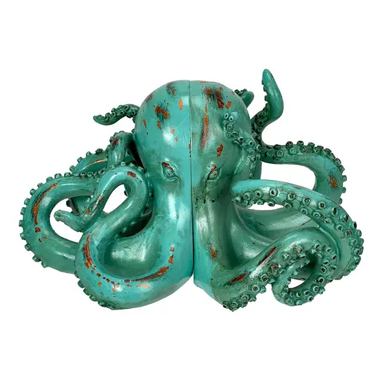 Aqua Green Octopus Bookends Set of 2 Nautical Polyresin Coastal Shelf Decor {3}