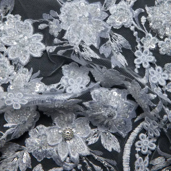 1 Yard Exquisite Embroidered Tulle Lace with Applique and 3D Design Fabric 52" Wide White {2}
