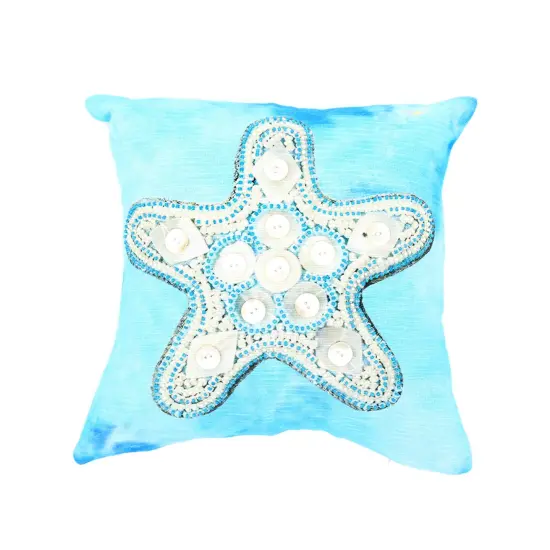 Blue & Ivory Starfish Throw Pillow 18" x 18" &ndash; Hand Embroidered with Beadwork {4}
