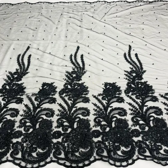 1 Yard Beaded & Corded Bridal Lace Fabric Embroidered on 100% Polyester Net Mesh 56" Wide Black {3}